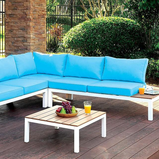 WINONA White/Oak/Blue Patio Sectional w/ Table - The Mattress Center (Fresno,CA)