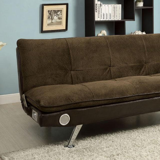 GALLAGHER Dark Brown/Chrome Futon Sofa w/ Bluetooth Speaker, Brown - The Mattress Center (Fresno,CA)